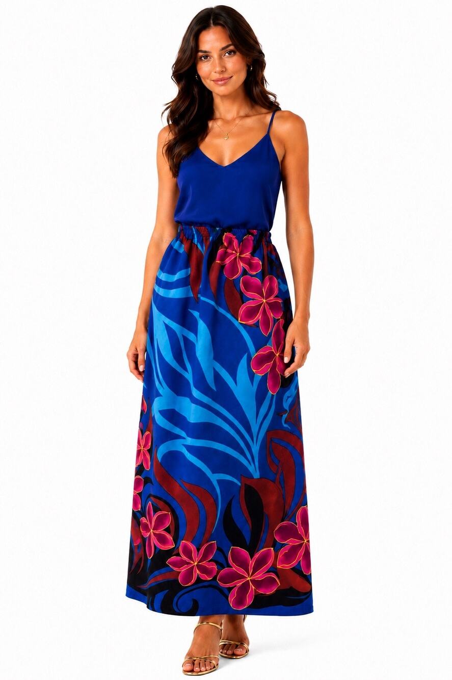 Handmade Tropical Sparkly Floral Print Elastic Waist Maxi Skirt